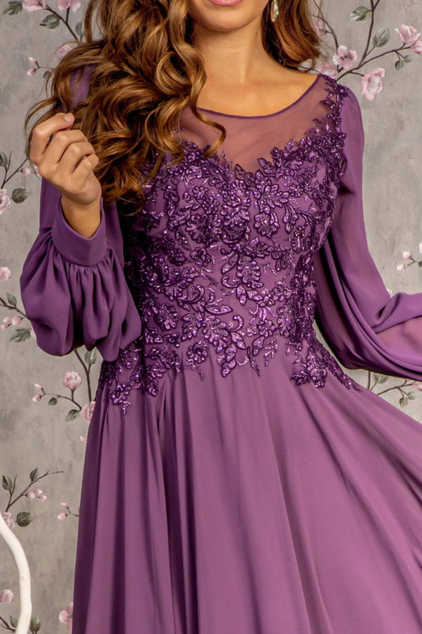 Floral Embroidery Sheer Boat Neckline Chiffon A-line Long Dress - RoshelLuxe.com