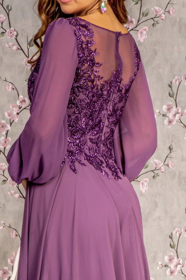 Floral Embroidery Sheer Boat Neckline Chiffon A-line Long Dress - RoshelLuxe.com