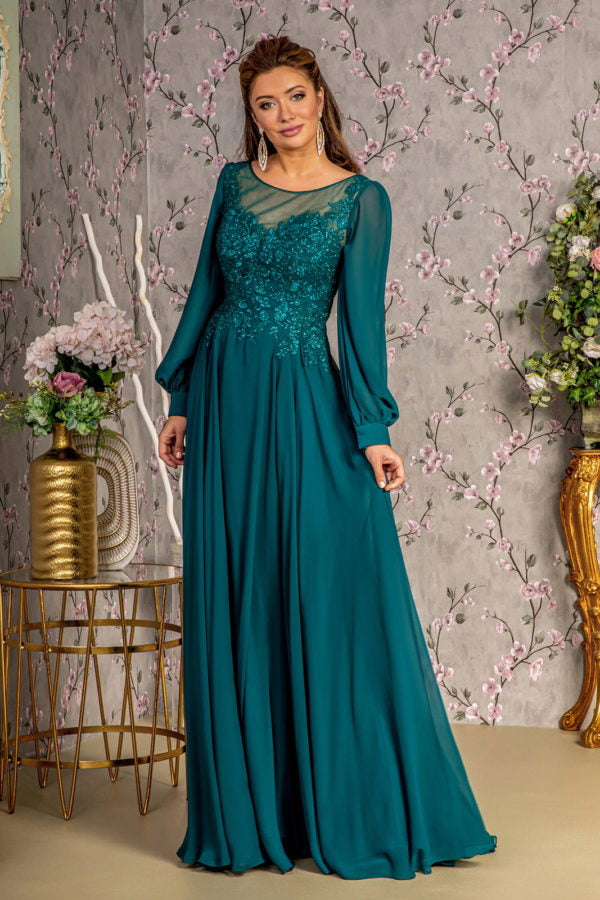 Floral Embroidery Sheer Boat Neckline Chiffon A-line Long Dress - RoshelLuxe.com