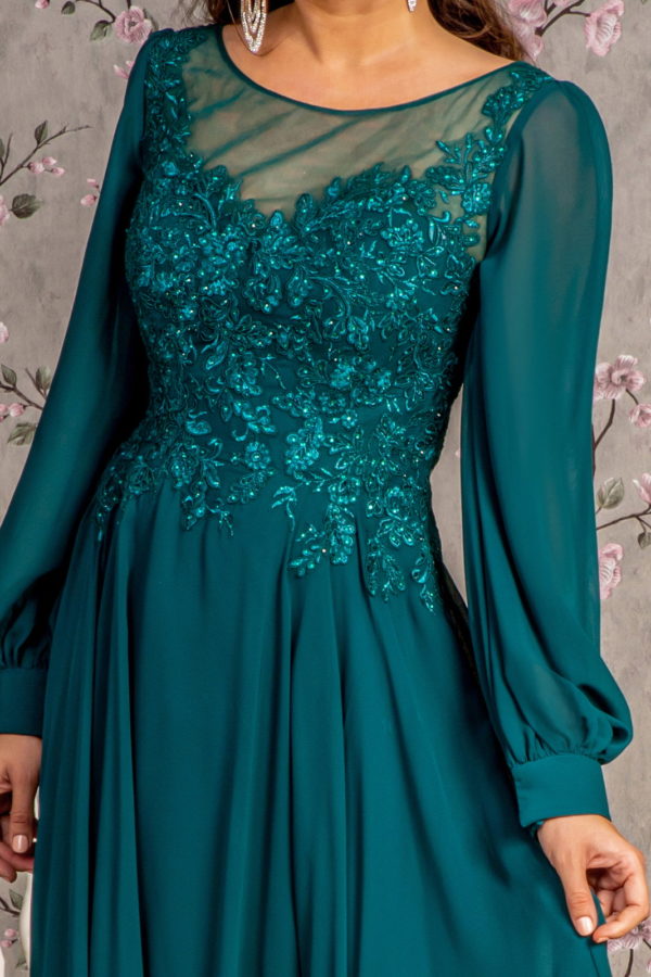 Floral Embroidery Sheer Boat Neckline Chiffon A-line Long Dress - RoshelLuxe.com