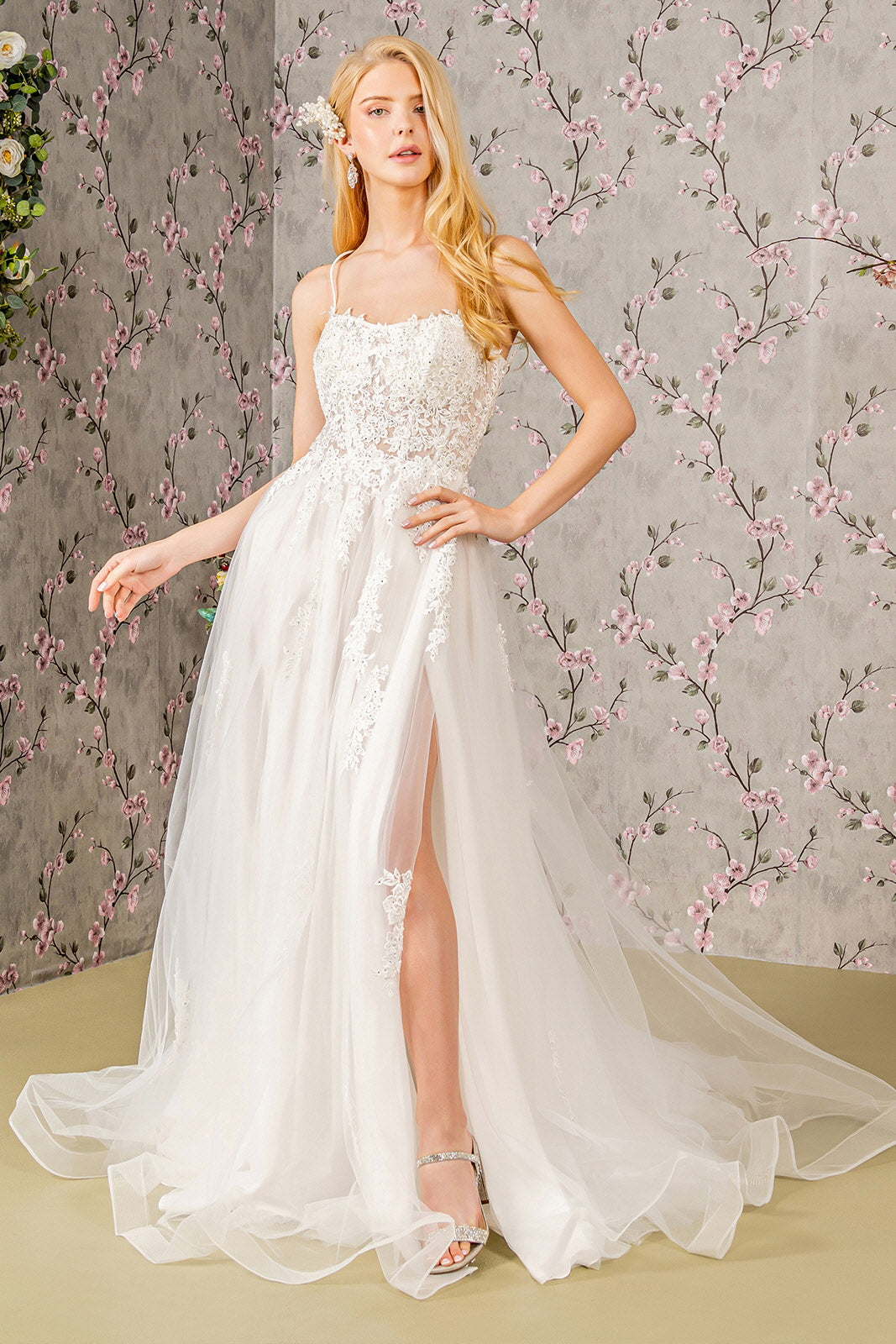 Embroidery Bead Sheer Bodice Open Back Mesh Wedding Gown - RoshelLuxe.com