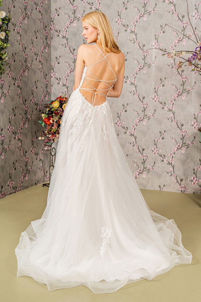 Embroidery Bead Sheer Bodice Open Back Mesh Wedding Gown - RoshelLuxe.com