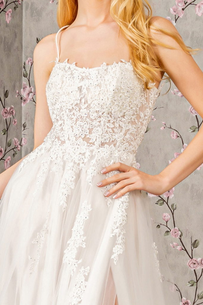 Embroidery Bead Sheer Bodice Open Back Mesh Wedding Gown - RoshelLuxe.com