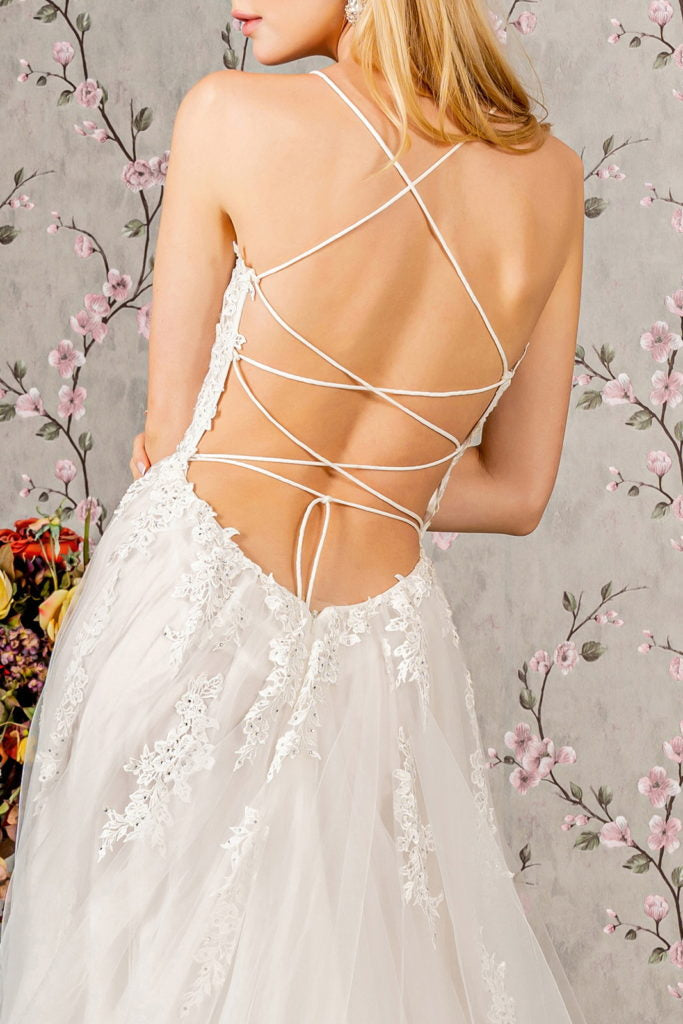 Embroidery Bead Sheer Bodice Open Back Mesh Wedding Gown - RoshelLuxe.com
