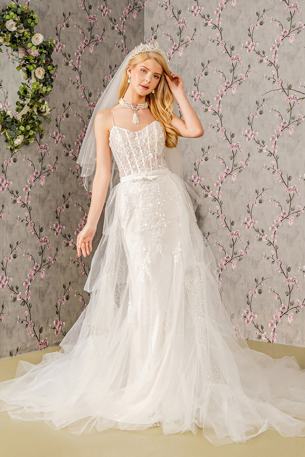 Embroidery Bead Mesh Mermaid Wedding Gown w/ Mesh Long Cape - RoshelLuxe.com