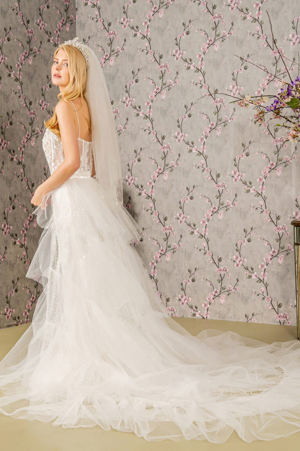 Embroidery Bead Mesh Mermaid Wedding Gown w/ Mesh Long Cape - RoshelLuxe.com