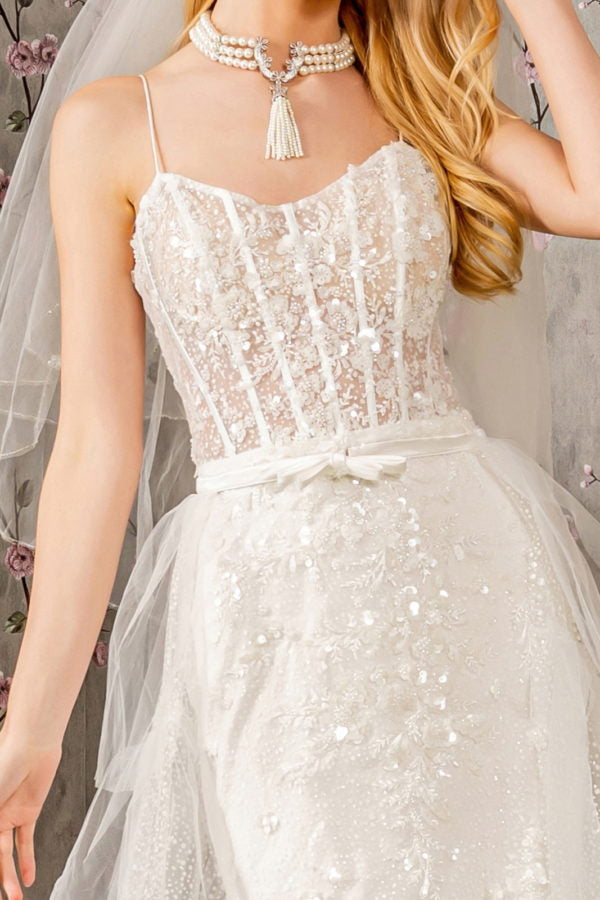 Embroidery Bead Mesh Mermaid Wedding Gown w/ Mesh Long Cape - RoshelLuxe.com