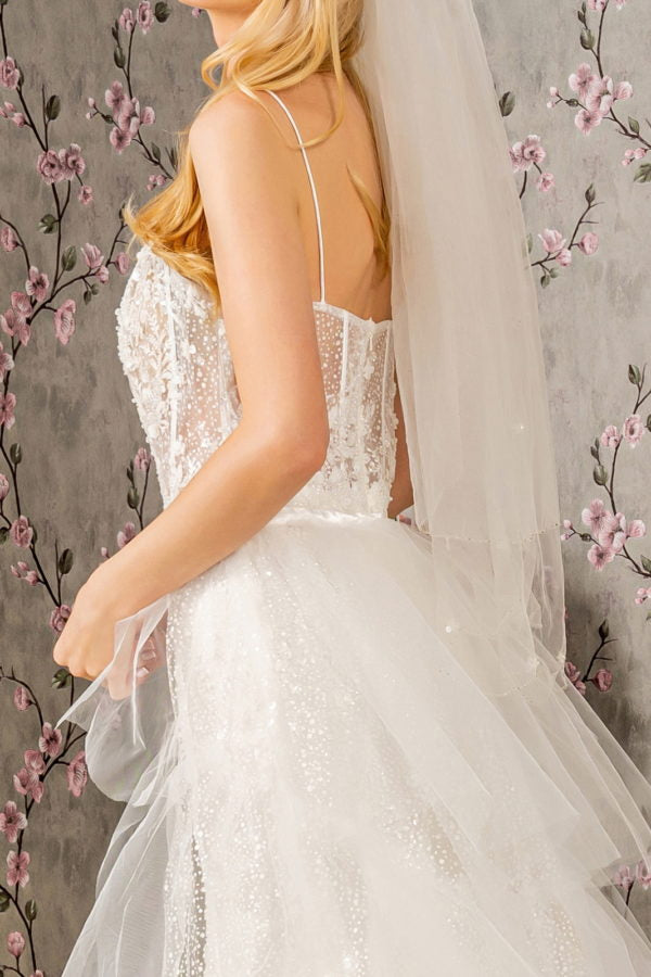 Embroidery Bead Mesh Mermaid Wedding Gown w/ Mesh Long Cape - RoshelLuxe.com