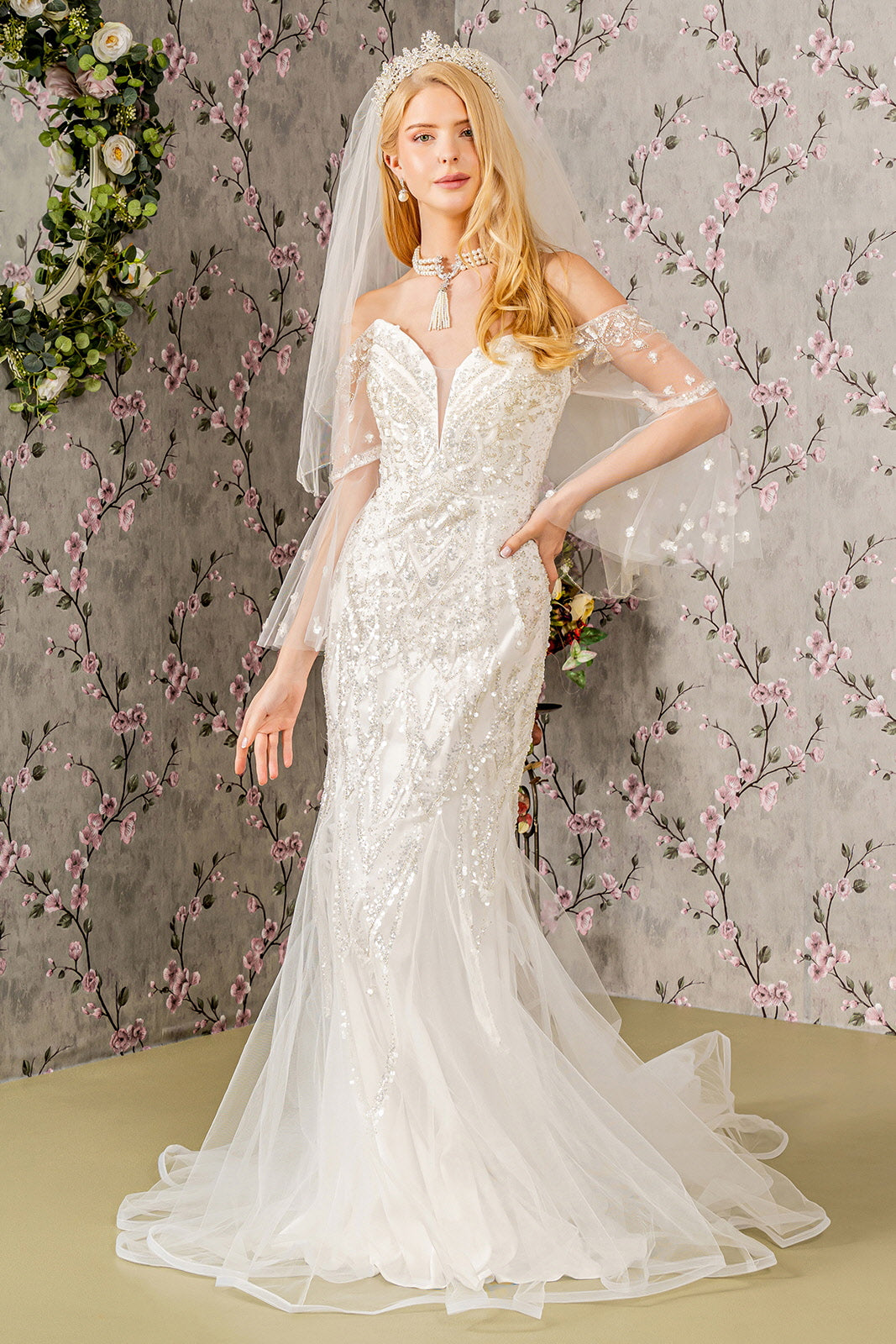 Bead Sequin Mesh Mermaid Wedding Gown w/ Long Sleeves - RoshelLuxe.com