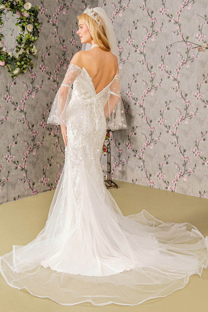Bead Sequin Mesh Mermaid Wedding Gown w/ Long Sleeves - RoshelLuxe.com
