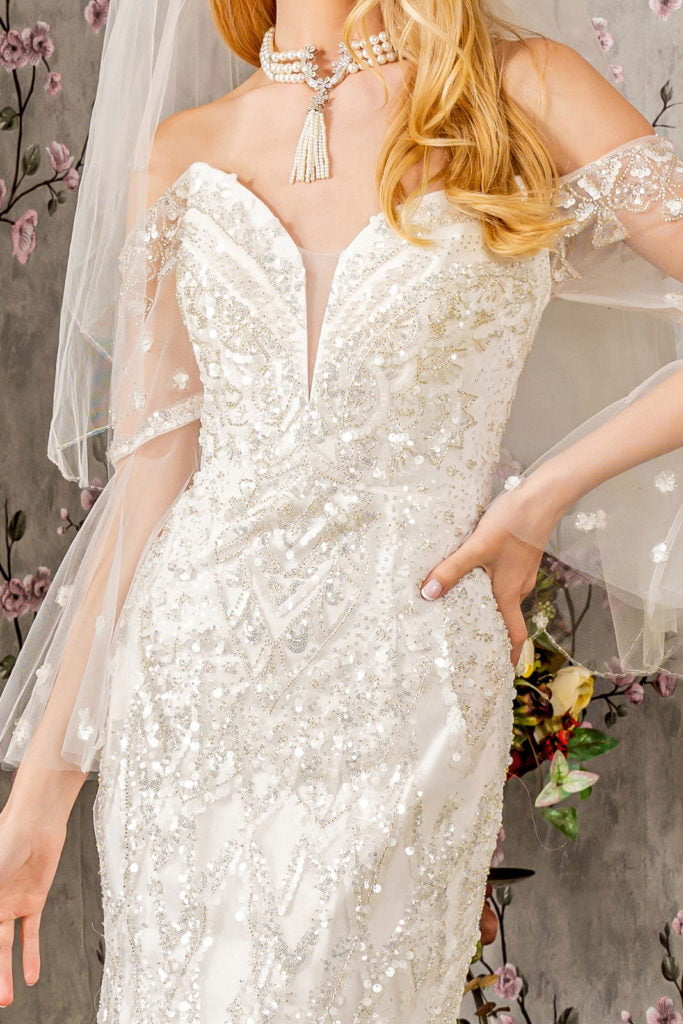 Bead Sequin Mesh Mermaid Wedding Gown w/ Long Sleeves - RoshelLuxe.com