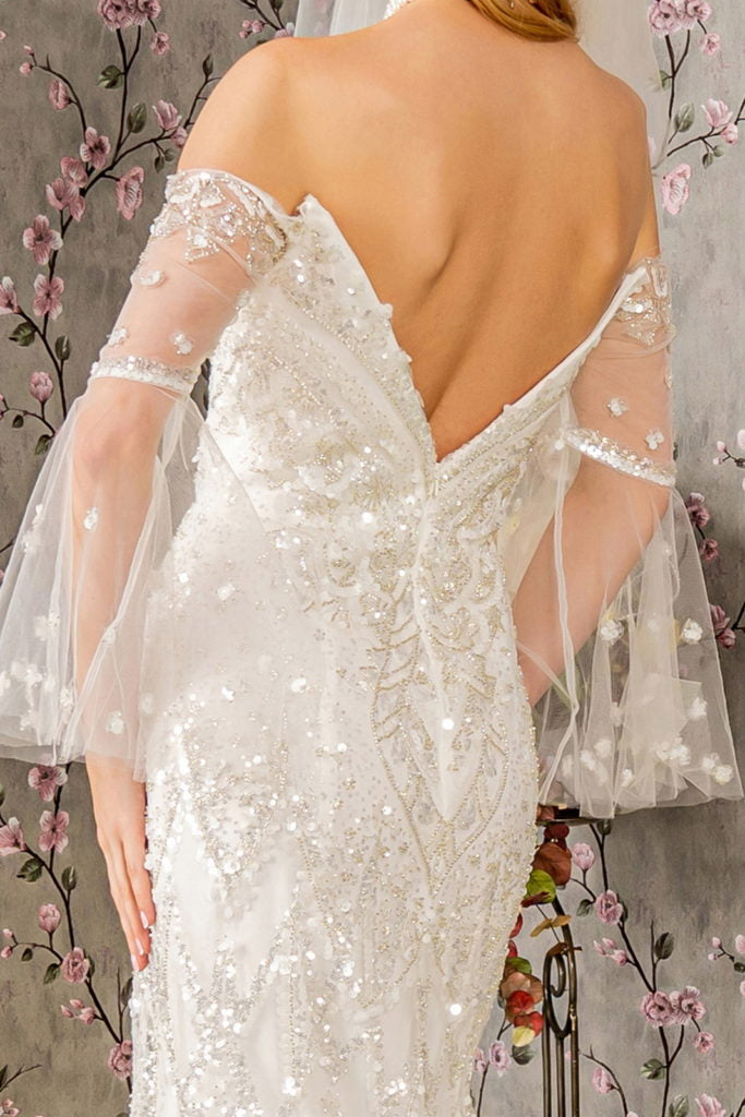 Bead Sequin Mesh Mermaid Wedding Gown w/ Long Sleeves - RoshelLuxe.com