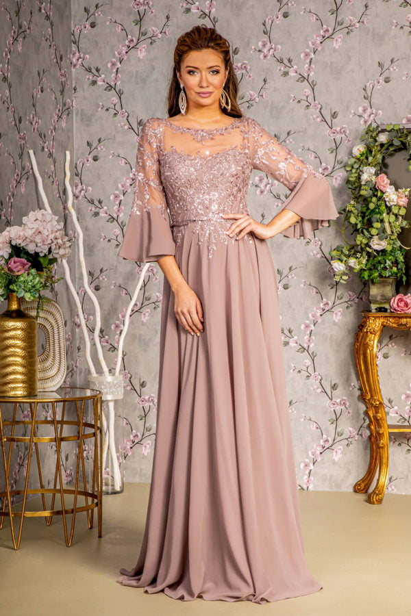 Floral Embroidery Bead Chiffon A-line Long Dress w/ Waist Band - RoshelLuxe.com