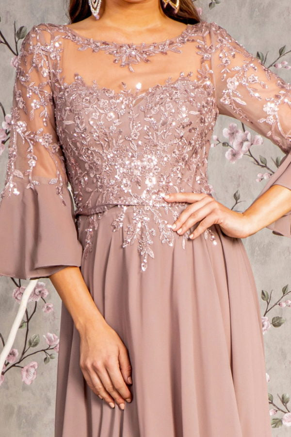 Floral Embroidery Bead Chiffon A-line Long Dress w/ Waist Band - RoshelLuxe.com