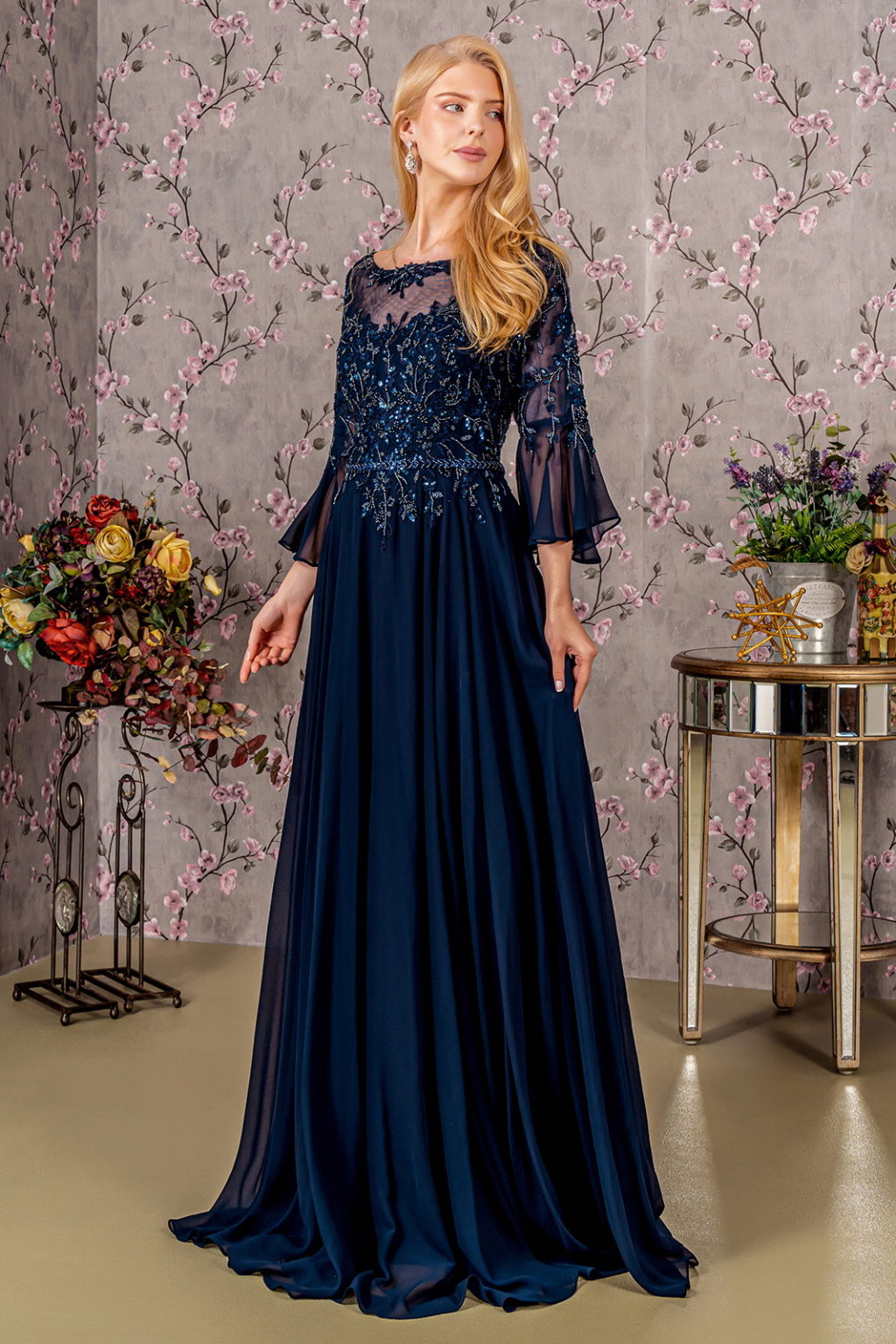 Floral Embroidery Bead Chiffon A-line Long Dress w/ Waist Band - RoshelLuxe.com