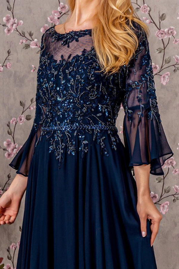 Floral Embroidery Bead Chiffon A-line Long Dress w/ Waist Band - RoshelLuxe.com