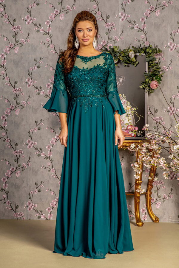 Floral Embroidery Bead Chiffon A-line Long Dress w/ Waist Band - RoshelLuxe.com
