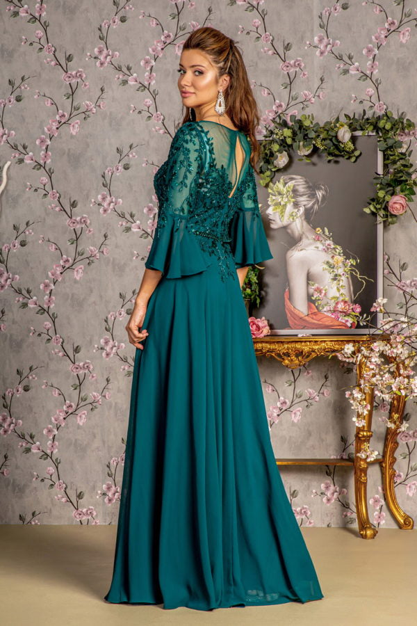 Floral Embroidery Bead Chiffon A-line Long Dress w/ Waist Band - RoshelLuxe.com