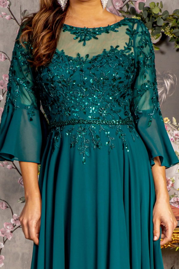 Floral Embroidery Bead Chiffon A-line Long Dress w/ Waist Band - RoshelLuxe.com