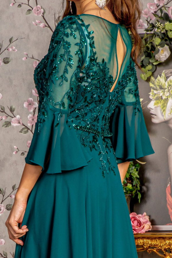 Floral Embroidery Bead Chiffon A-line Long Dress w/ Waist Band - RoshelLuxe.com