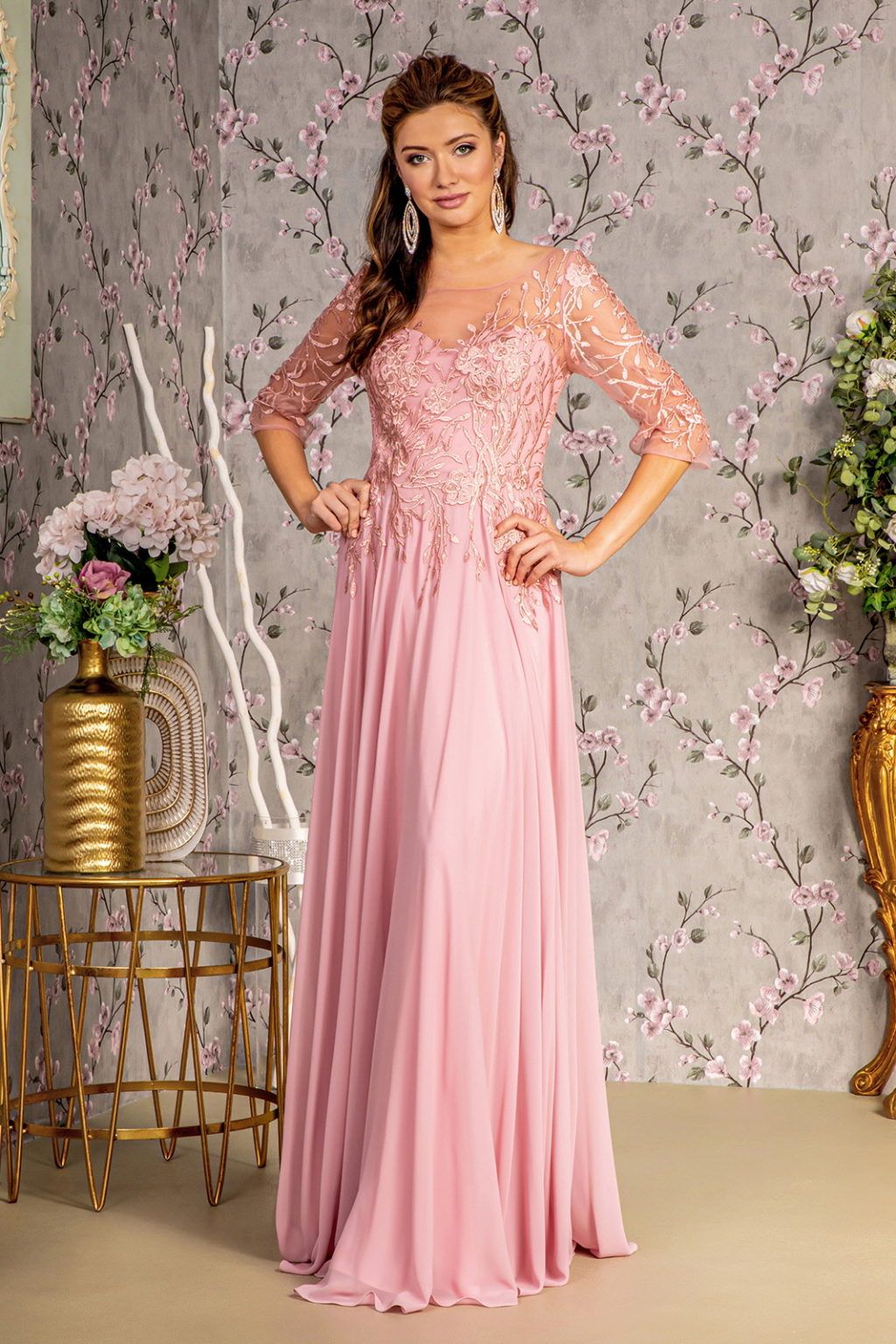 Bead Embroidery Sheer Neckline V-back Chiffon A-line Long Dress - RoshelLuxe.com