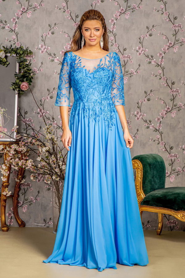 Bead Embroidery Sheer Neckline V-back Chiffon A-line Long Dress - RoshelLuxe.com