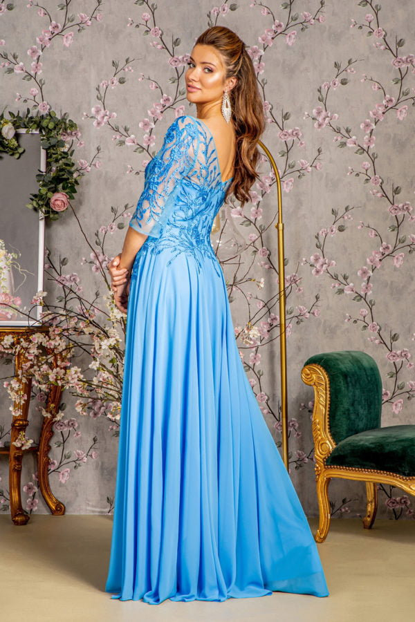 Bead Embroidery Sheer Neckline V-back Chiffon A-line Long Dress - RoshelLuxe.com