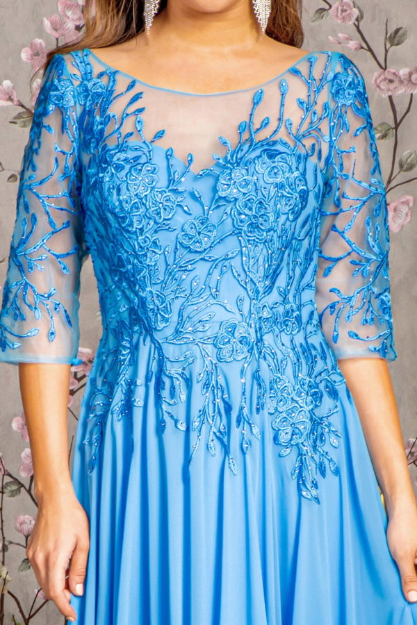 Bead Embroidery Sheer Neckline V-back Chiffon A-line Long Dress - RoshelLuxe.com