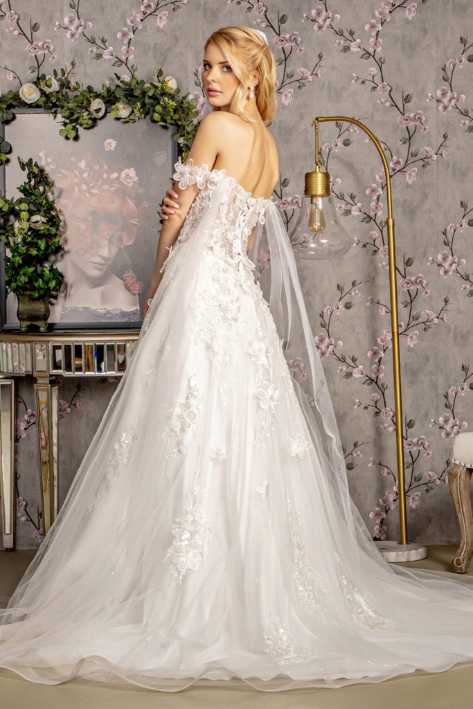 3-D Flower Sequin Off Shoulder Mesh A-line Long Dress w/ Side Drapes - RoshelLuxe.com