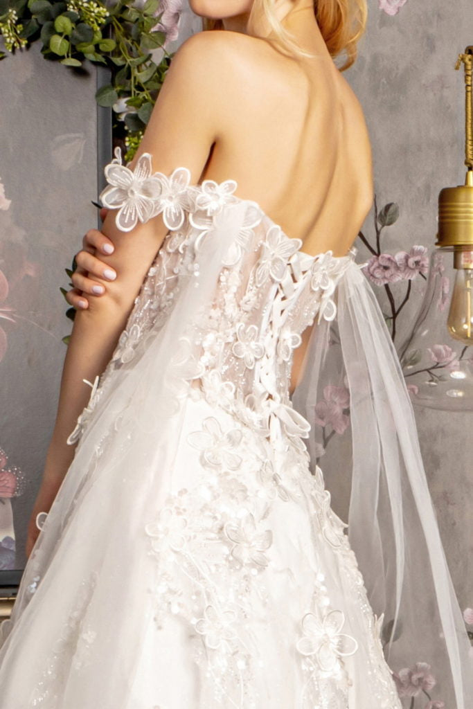 3-D Flower Sequin Off Shoulder Mesh A-line Long Dress w/ Side Drapes - RoshelLuxe.com