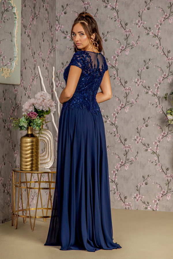 Embroidery Sequin Sheer V-neckline Chiffon A-line Long Dress - RoshelLuxe.com