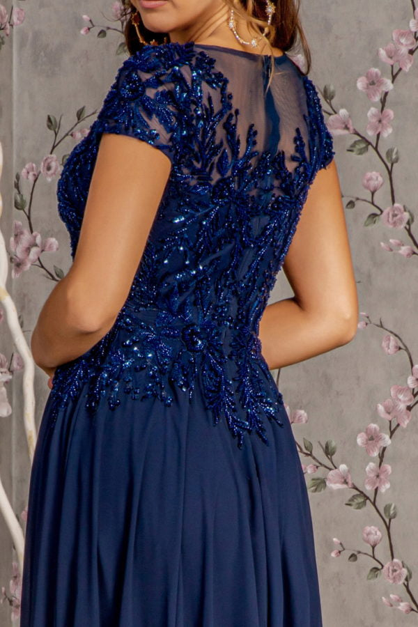 Embroidery Sequin Sheer V-neckline Chiffon A-line Long Dress - RoshelLuxe.com