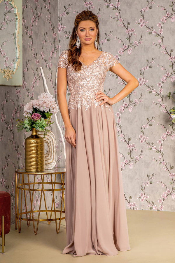 Embroidery Sequin Sheer V-neckline Chiffon A-line Long Dress - RoshelLuxe.com