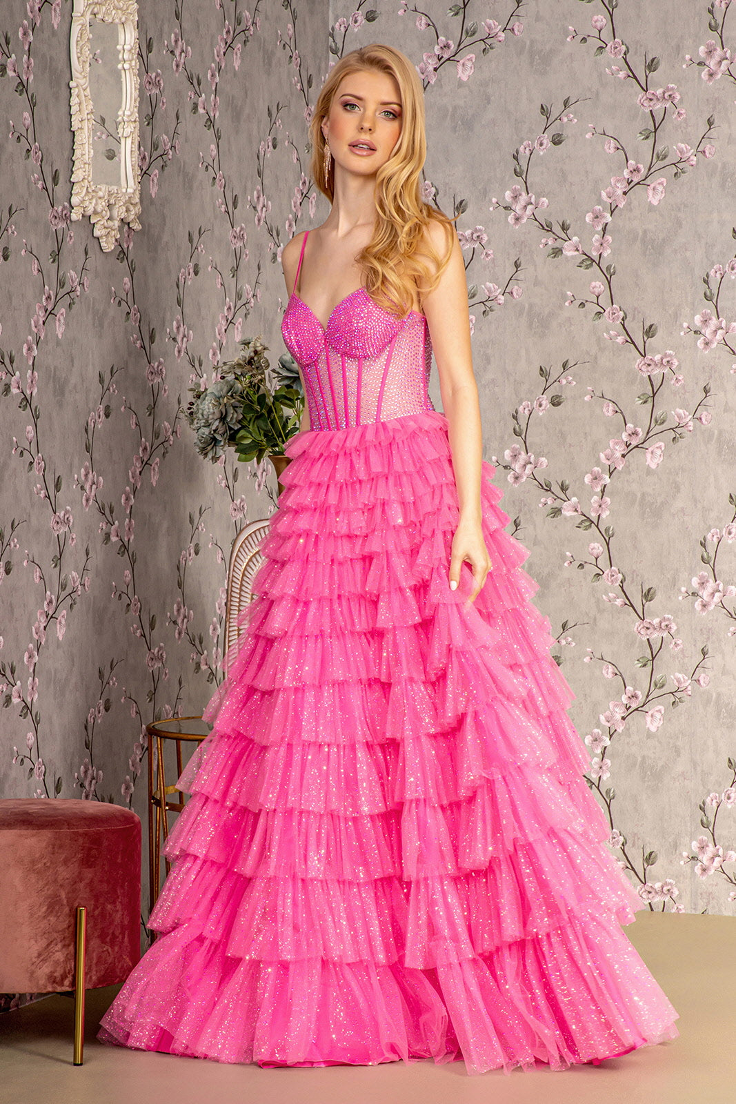 Glitter Sheer Corset Bodice Ruffled Skirt Mesh A-line Long Dress - RoshelLuxe.com