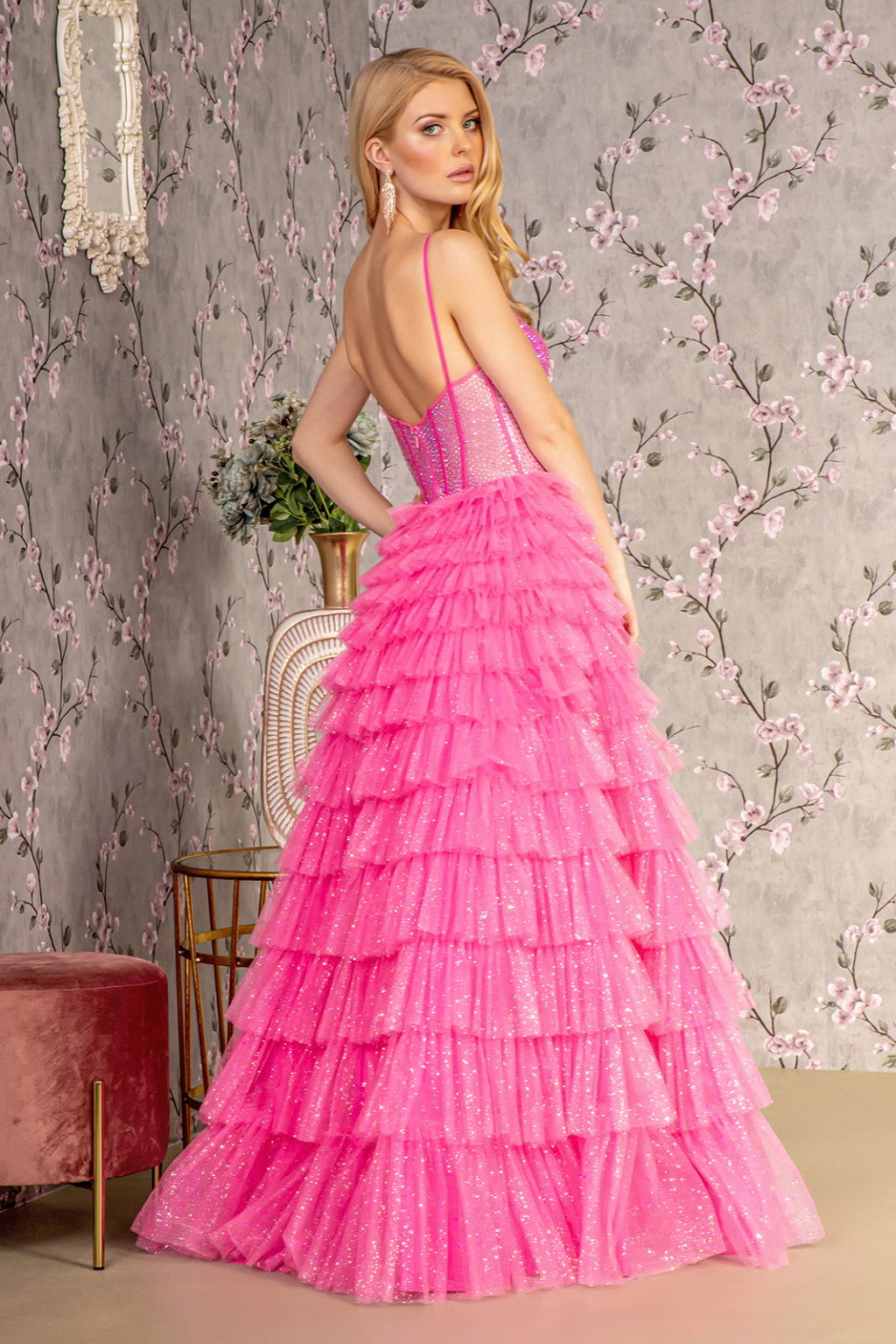 Glitter Sheer Corset Bodice Ruffled Skirt Mesh A-line Long Dress - RoshelLuxe.com
