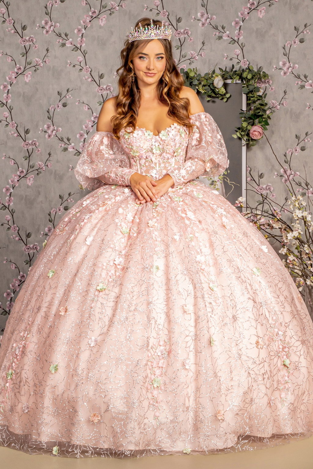 Detachable Big Ribbon Glitter Mesh Ball Gown w/ Long Puff Sleeves - RoshelLuxe.com
