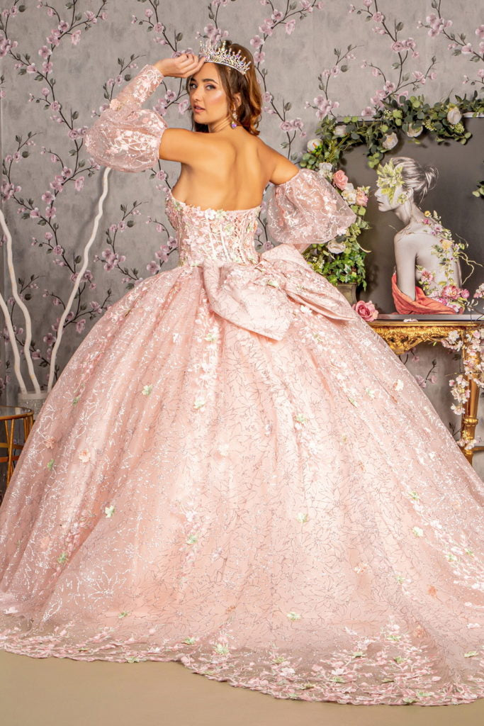 Detachable Big Ribbon Glitter Mesh Ball Gown w/ Long Puff Sleeves - RoshelLuxe.com