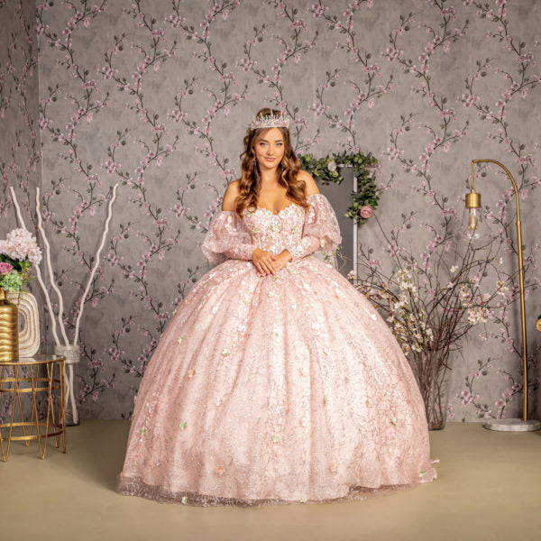 Detachable Big Ribbon Glitter Mesh Ball Gown w/ Long Puff Sleeves - RoshelLuxe.com