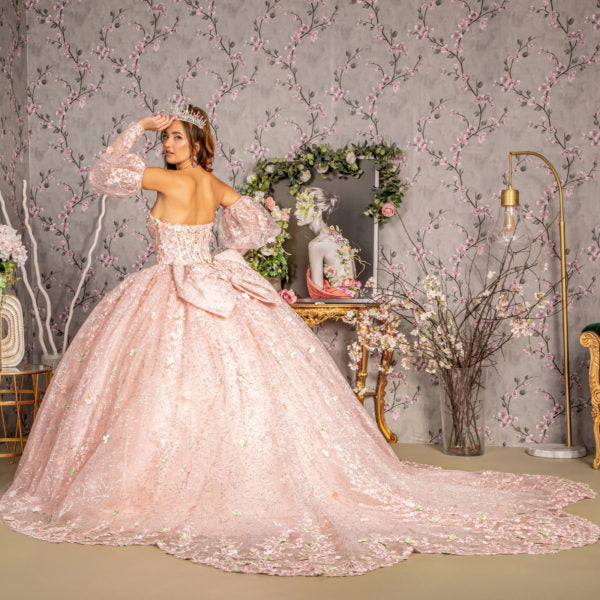 Detachable Big Ribbon Glitter Mesh Ball Gown w/ Long Puff Sleeves - RoshelLuxe.com
