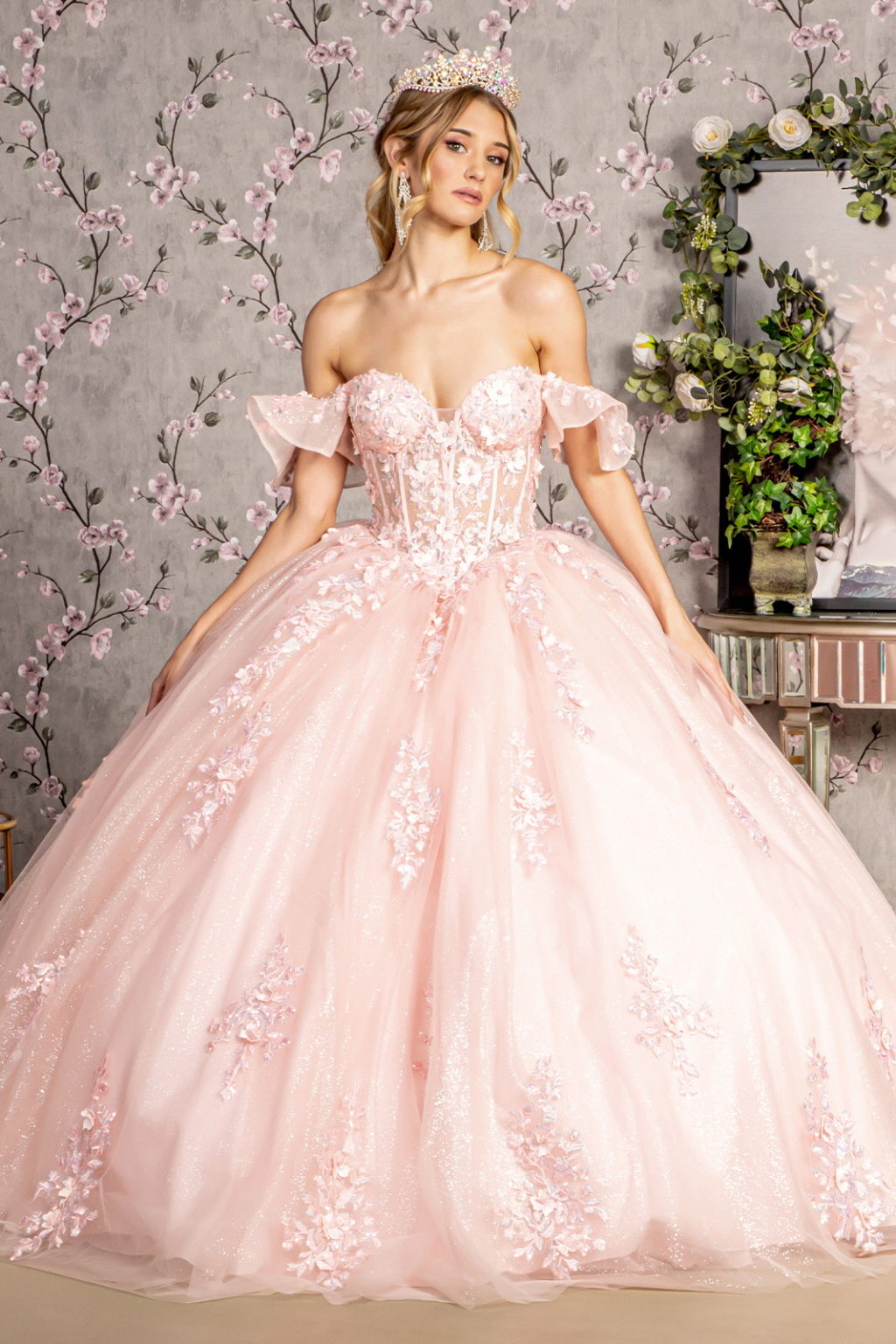 3-D Flower Illusion Sweetheart Sheer Bodice Mesh Ball Gown - RoshelLuxe.com