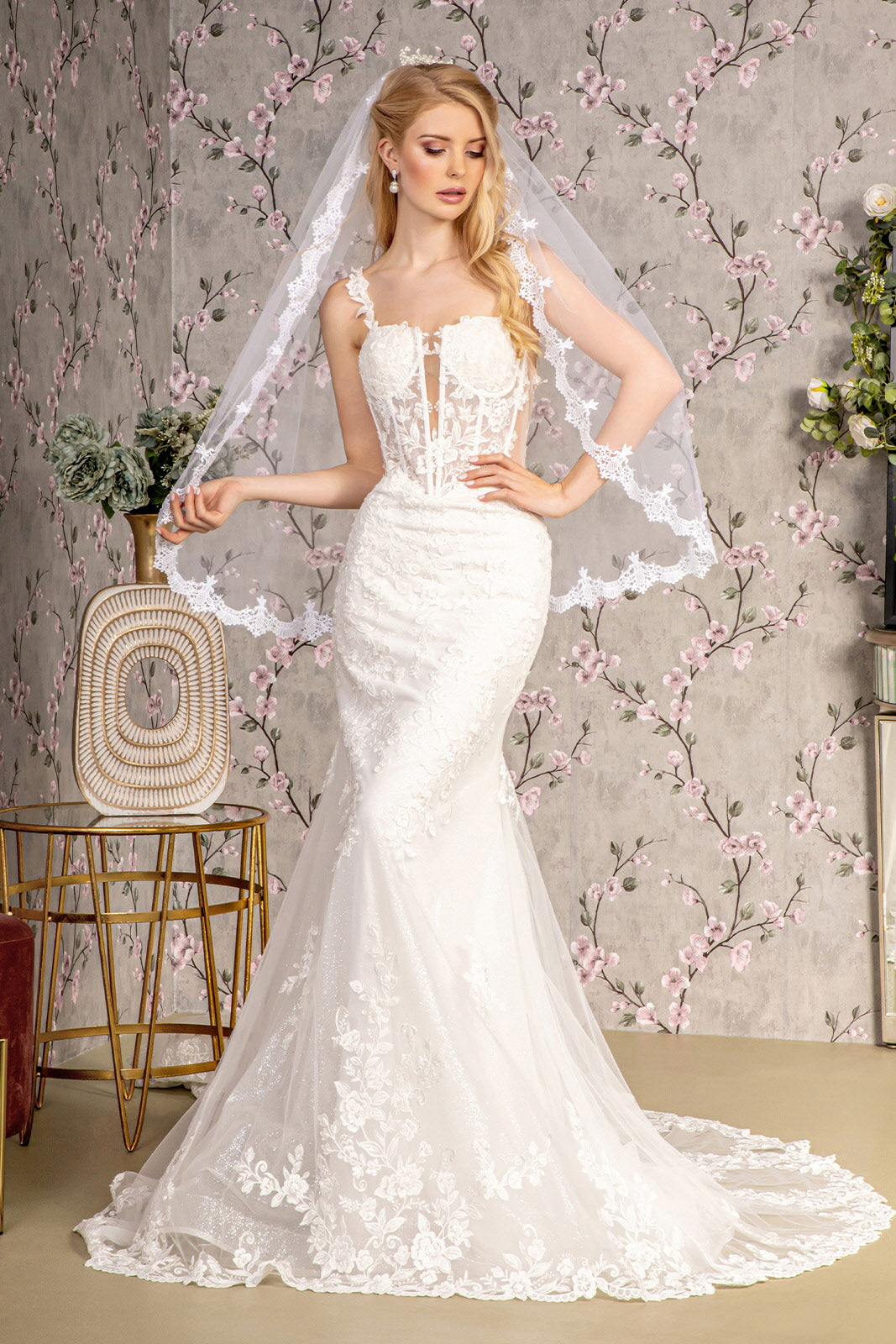 Embroidery Sequin Sheer Bodice Mesh Mermaid Wedding Gown - RoshelLuxe.com