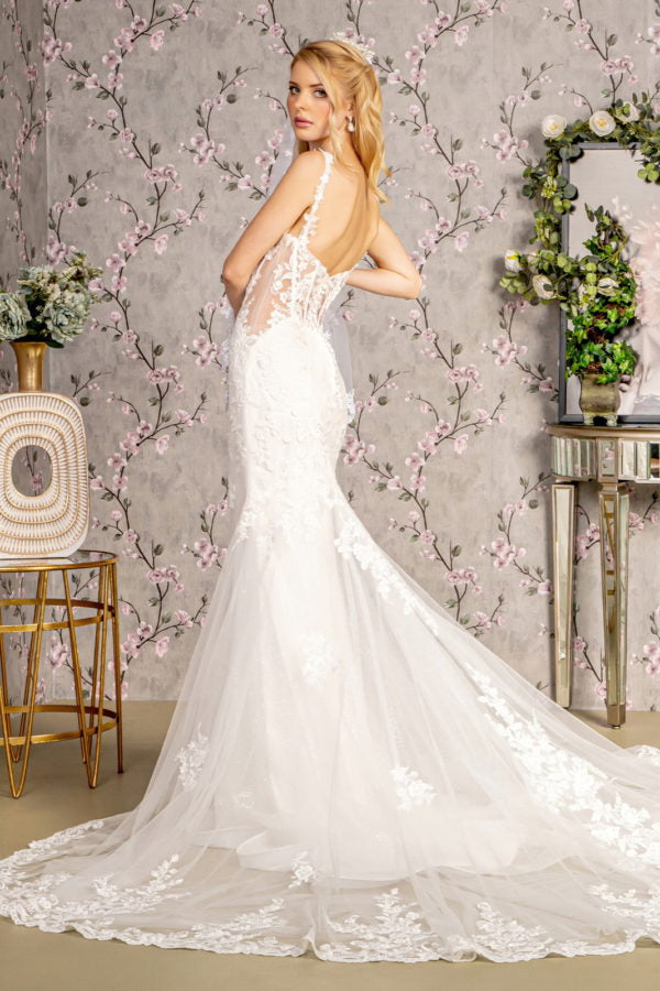 Embroidery Sequin Sheer Bodice Mesh Mermaid Wedding Gown - RoshelLuxe.com