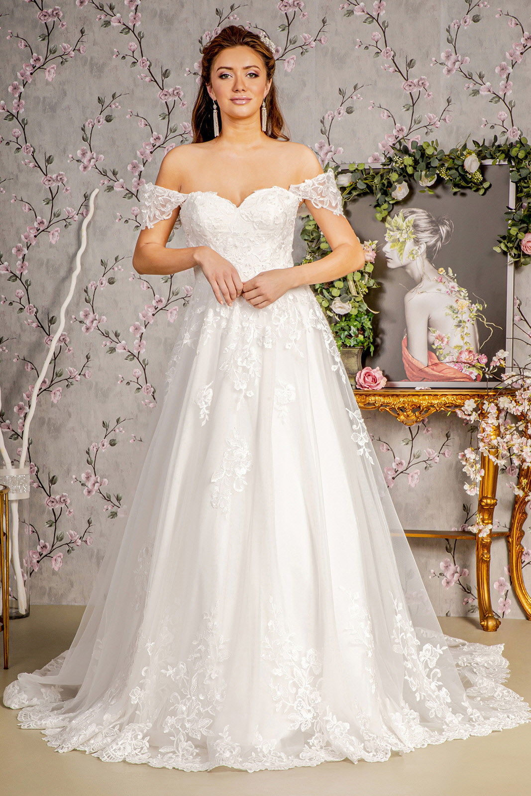 Jewel Embroidery Off Shoulder Mesh A-line Wedding Gown - RoshelLuxe.com