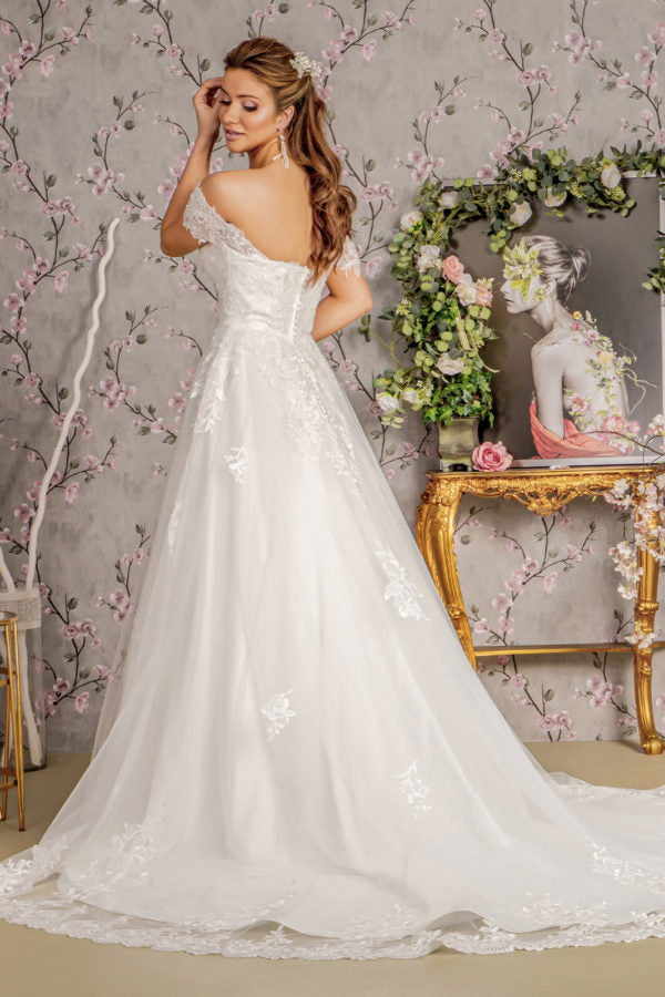 Jewel Embroidery Off Shoulder Mesh A-line Wedding Gown - RoshelLuxe.com