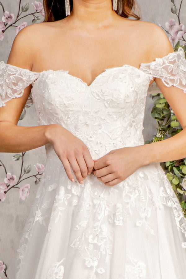 Jewel Embroidery Off Shoulder Mesh A-line Wedding Gown - RoshelLuxe.com