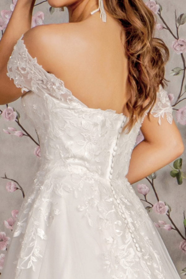 Jewel Embroidery Off Shoulder Mesh A-line Wedding Gown - RoshelLuxe.com