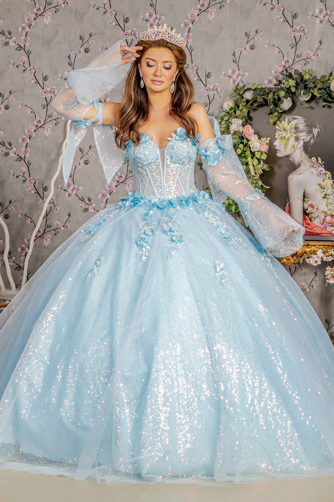 3-D Flower Jewel Sheer Bodice Mesh Ball Gown w/ Long Sleeves - RoshelLuxe.com