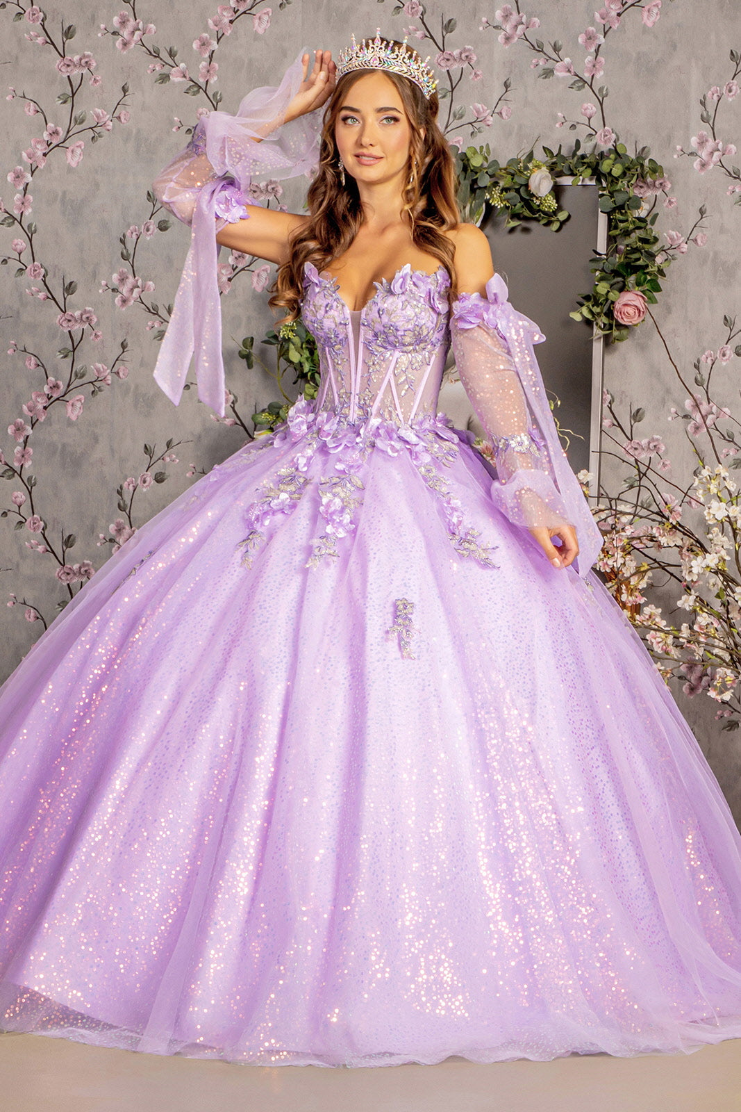 3-D Flower Jewel Sheer Bodice Mesh Ball Gown w/ Long Sleeves - RoshelLuxe.com