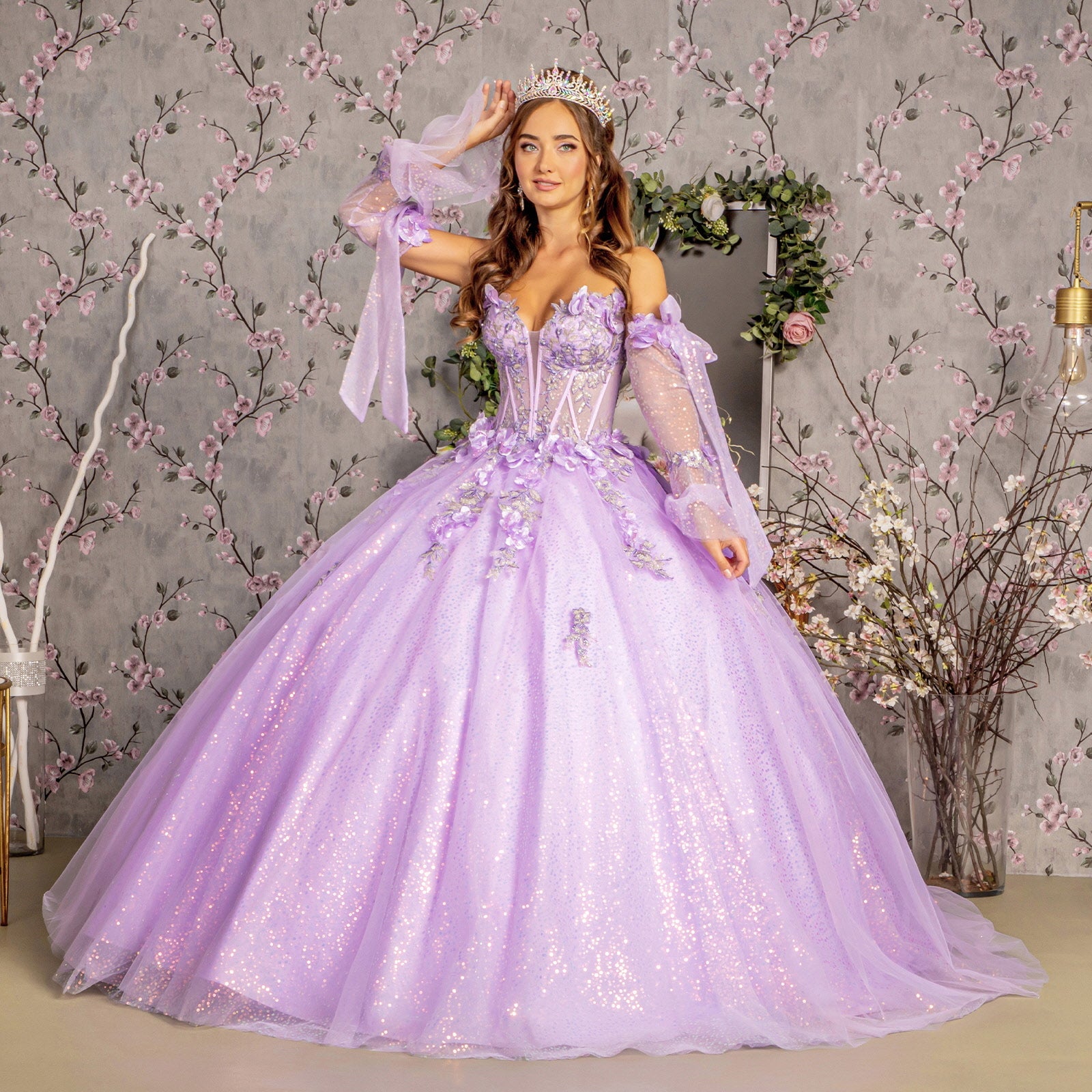 3-D Flower Jewel Sheer Bodice Mesh Ball Gown w/ Long Sleeves - RoshelLuxe.com