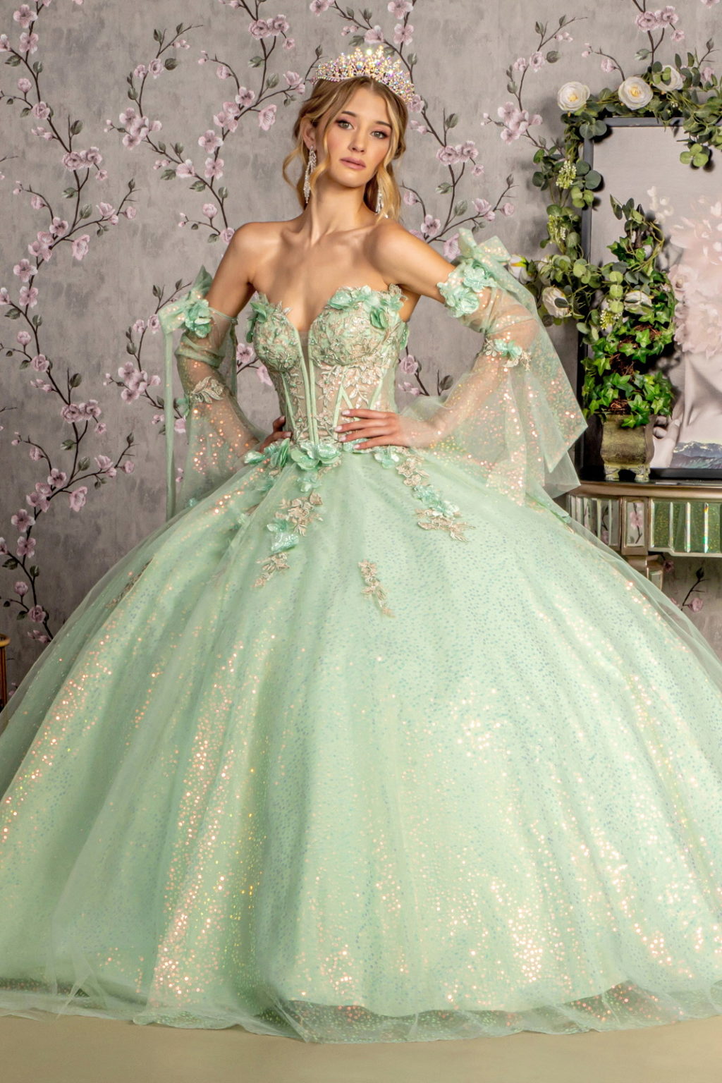 3-D Flower Jewel Sheer Bodice Mesh Ball Gown w/ Long Sleeves - RoshelLuxe.com